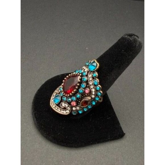 VTG Bohemian Fashion Statement Ring – Red Teardrop Center, Turquoise & Rhinesto - Picture 5 of 5